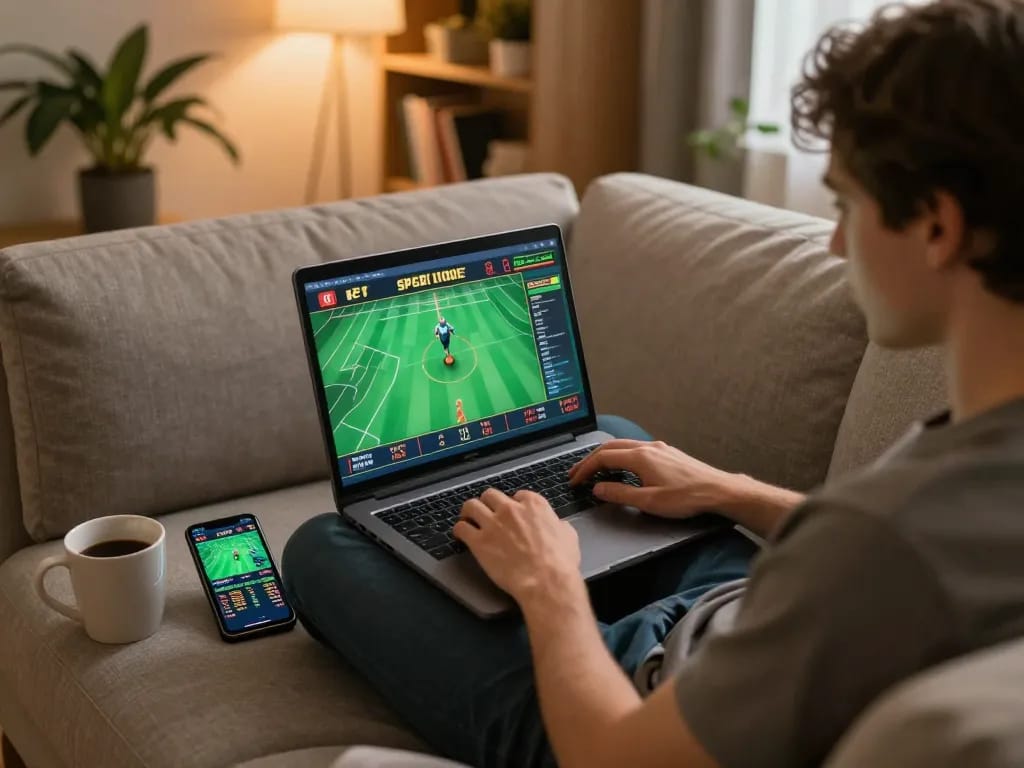Person engaged in online sports betting at https://www.mnm88.com/ from the comfort of their home.