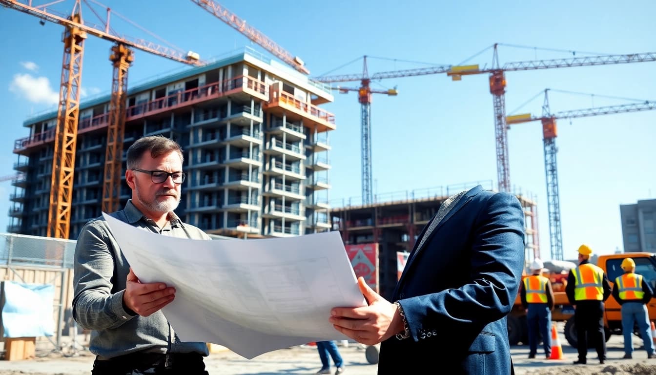 Showcasing a residential building developer working at a busy construction site with a focus on collaboration.