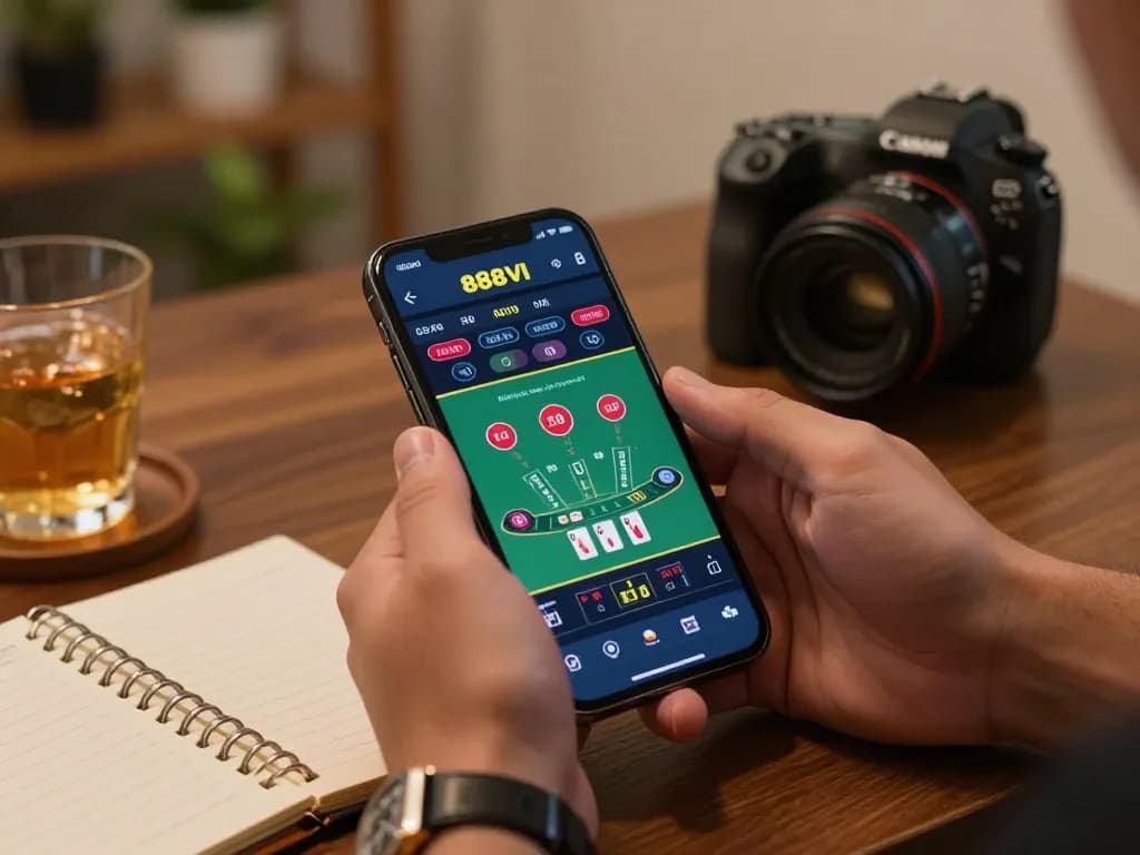Play at nhà cái 888VI's live dealer blackjack game on a mobile app in a cozy setting.