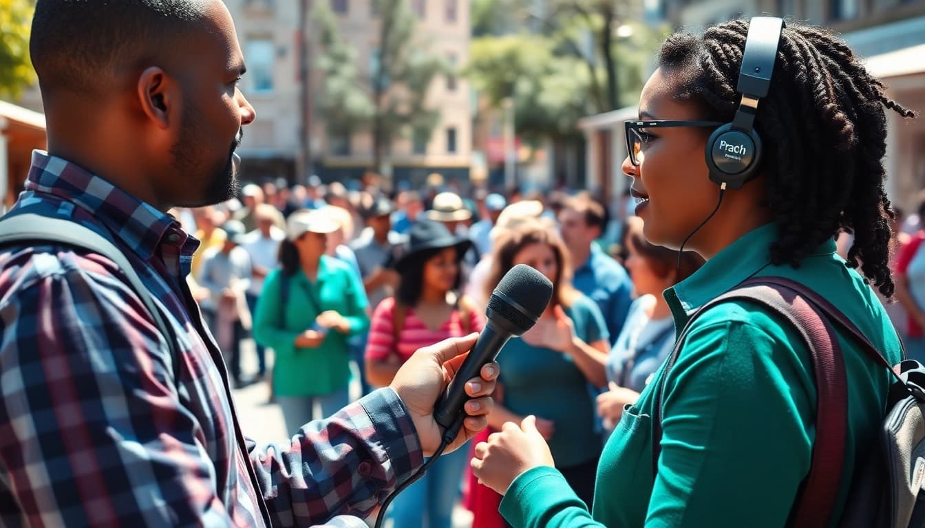 Engaging journalist capturing local stories for https://www.thedailynewsonline.com in a vibrant town square.
