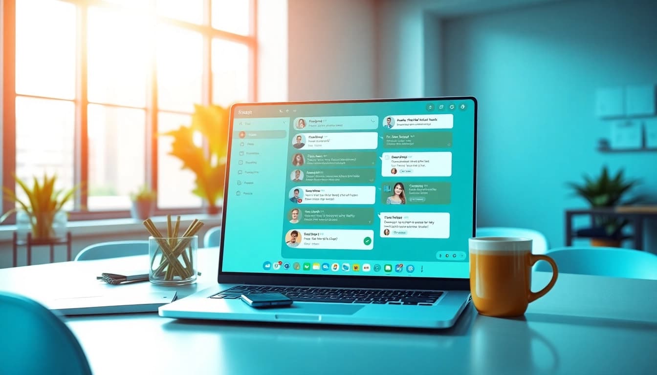 Explore engaging digital chat interface with 电报下载 features in a modern workspace setting.