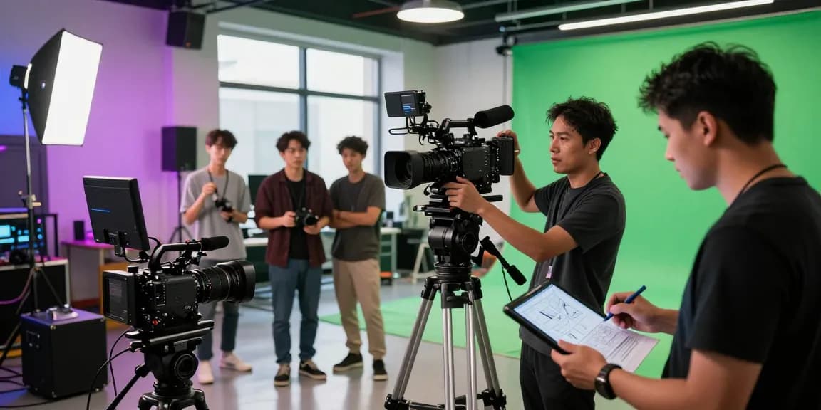 Leading Video Production House in Singapore showcasing a collaborative team in a vibrant studio environment during a video shoot.