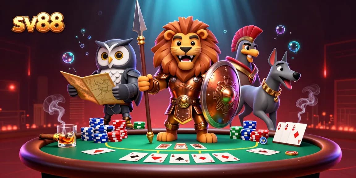 Experience thrilling poker action with sv88 as a Spartan lion, owl strategist, and swift greyhound engage in a dynamic betting scene.