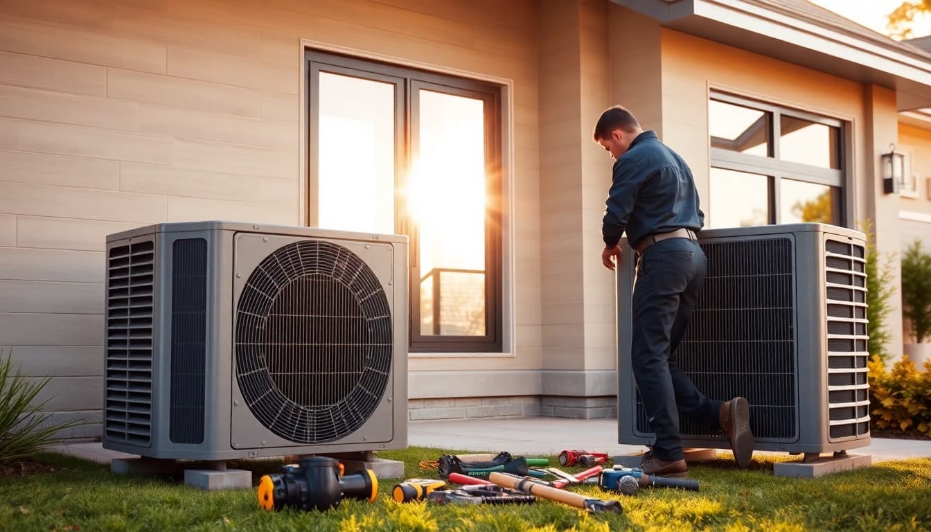Technician installing american standard heat pumps in a modern home environment.