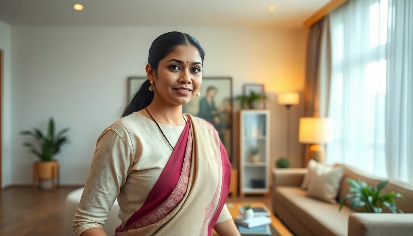 Indian maid from Mizoram diligently organizing a cozy living room environment.