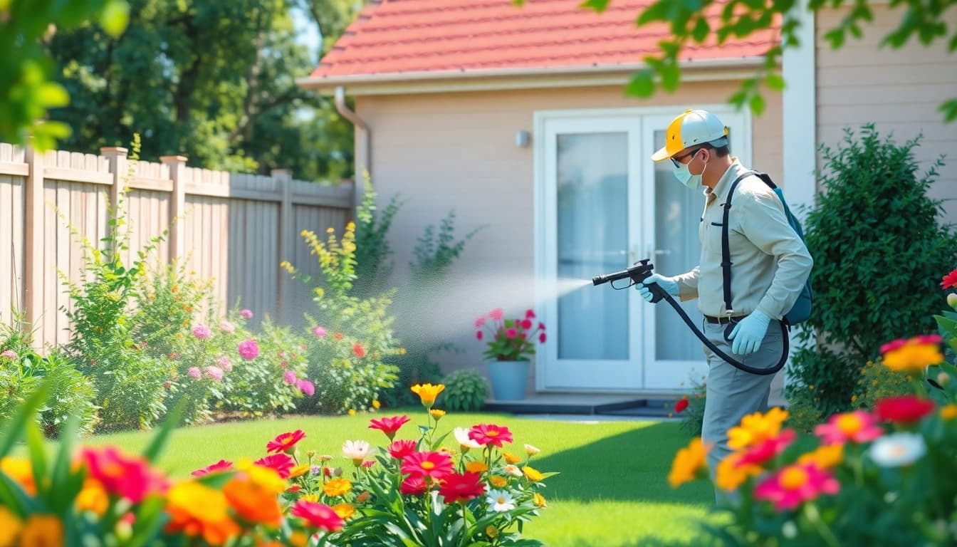 Preventive insect spraying technique demonstrated in a garden by a pest control professional.