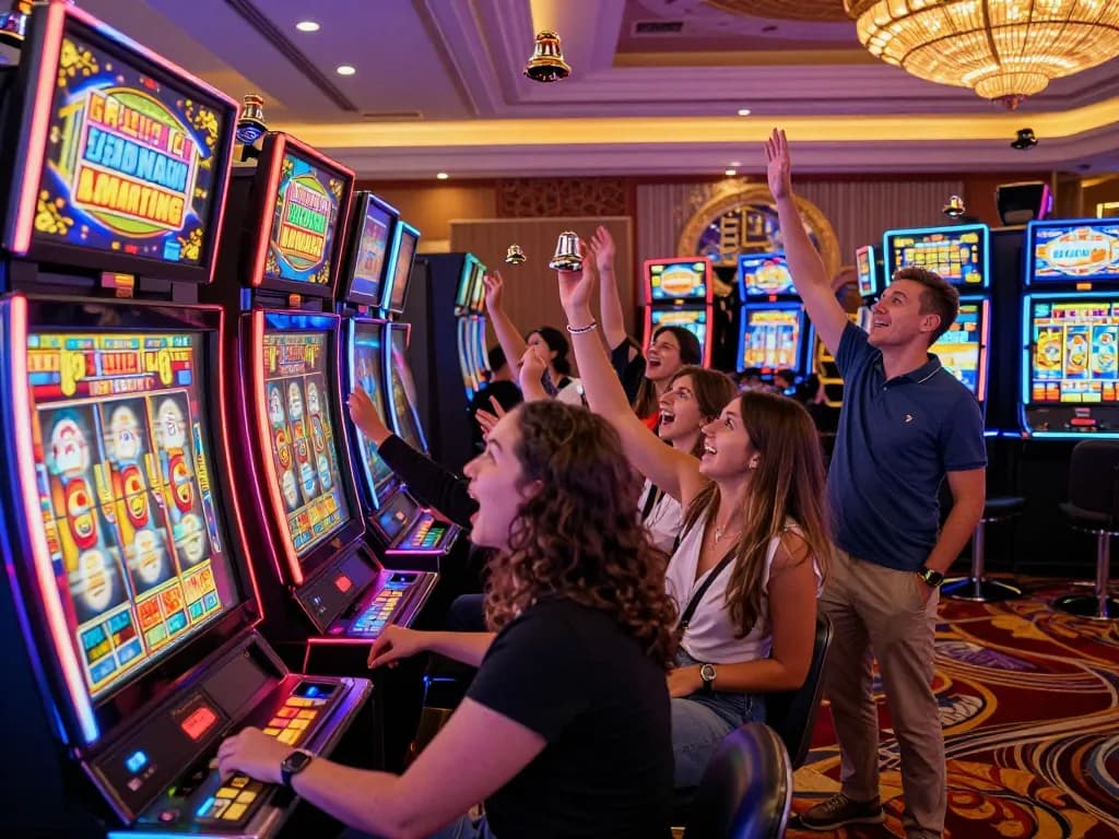 Players enjoying a thrilling game of slot gacor amidst colorful lights and festive sounds in a luxurious casino.