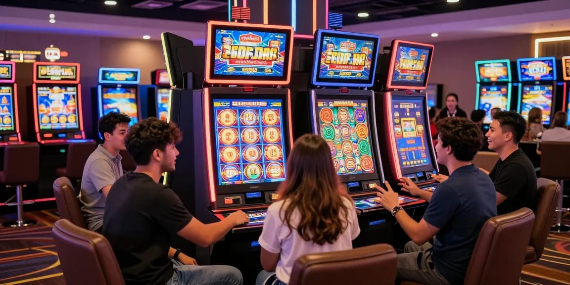 Exciting group of players enjoying thrilling slot gameplay in a vibrant casino atmosphere
