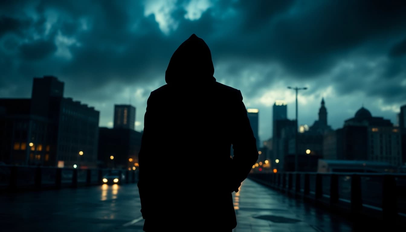 Engaging thriller book cover showcasing suspenseful city elements and a mysterious figure.