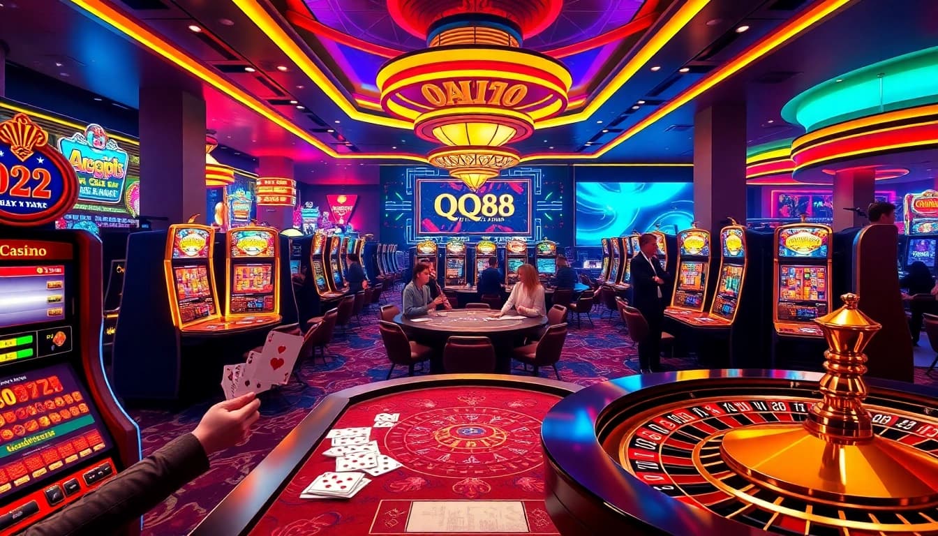 Players winning at QQ88 with vibrant casino tables and thrilling games showcased