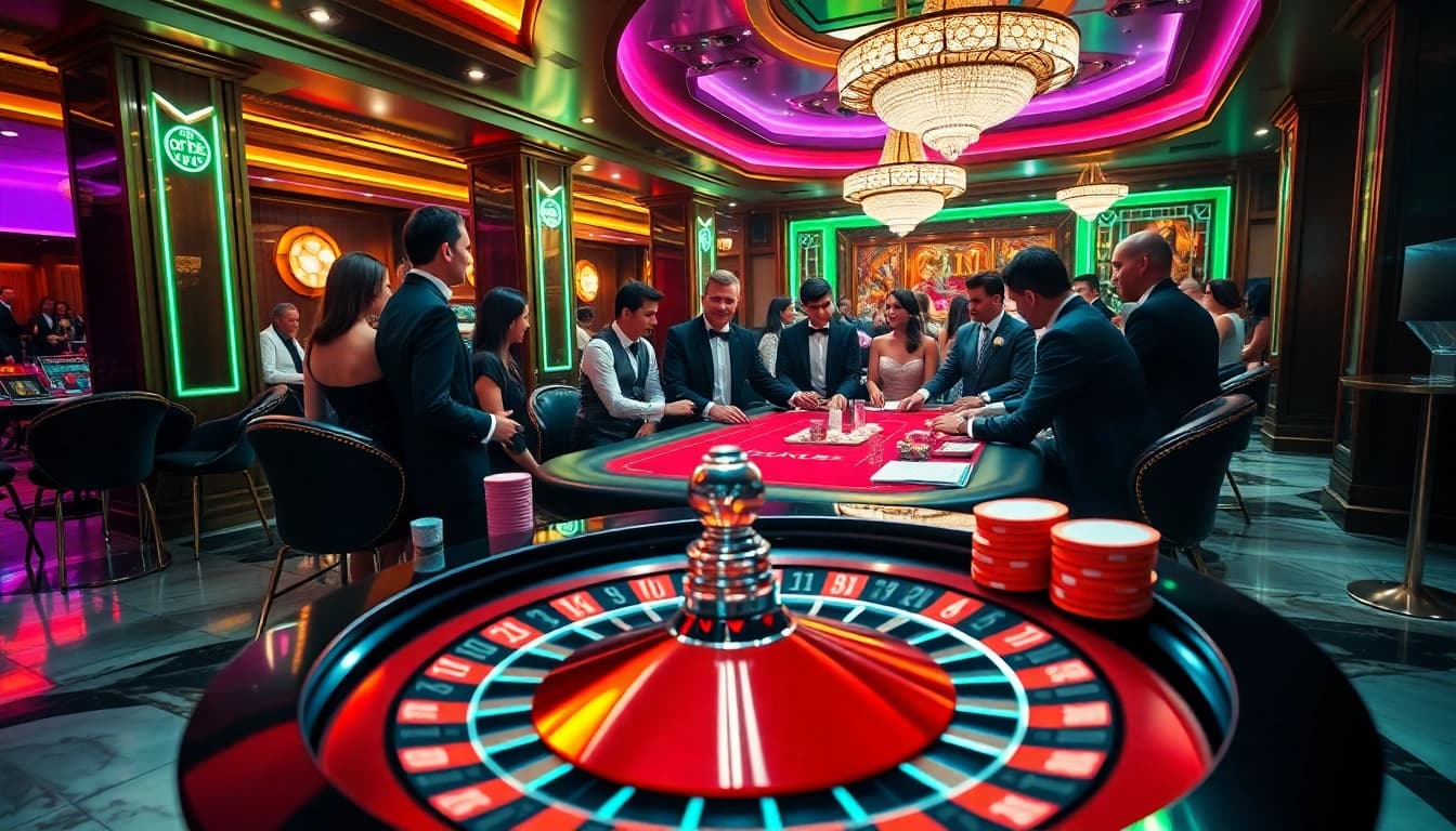 Players strategize around the poker table at an extravagant casino, highlighting indoxxi gaming excitement.
