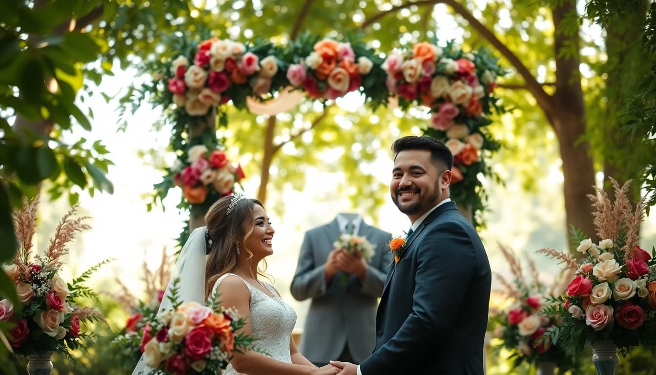 Wedding photographer capturing a joyful couple during an outdoor ceremony surrounded by natural beauty.