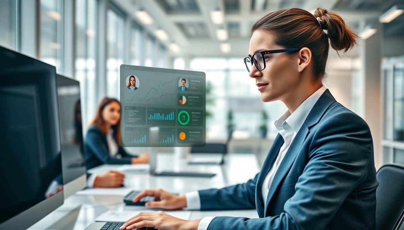 Enterprise assistant facilitating teamwork with digital tools in a modern office.