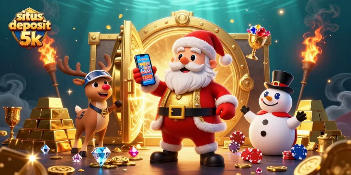 Spin to win big at situs deposit 5k with Santa, reindeer dealer, and poker chip snowman!