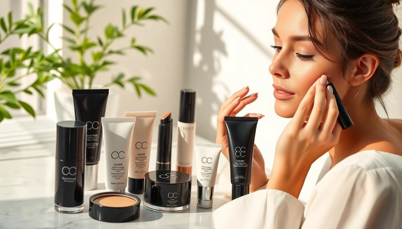 Explore a selection of cc cream for oily skin in a chic makeup setup, highlighting textures and applications.