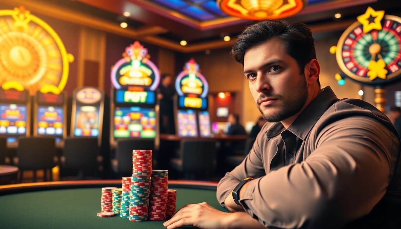 Engaging casino scene showcasing a gambler placing a bet at a poker table, embodying no hu vibes.