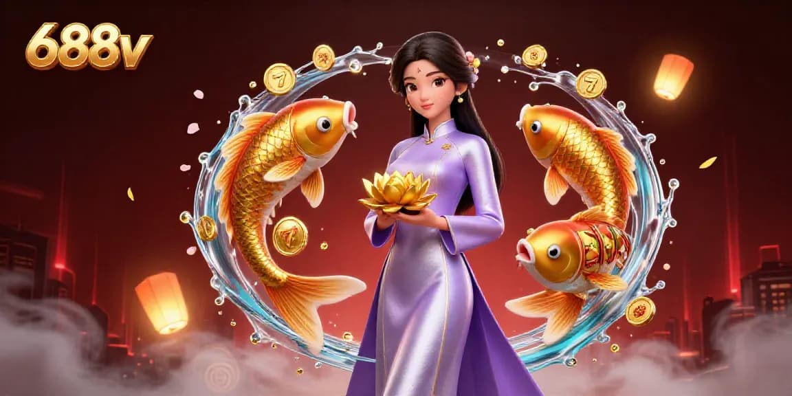 Experience thrilling gameplay at 688v with slots, golden koi fish, and festive decorations.