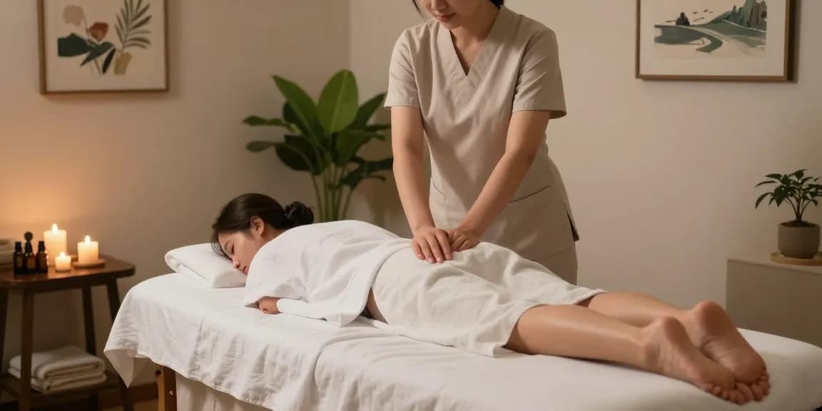 스웨디시 마사지 중인 편안한 모습의 고객과 아로마 오일, 촛불이 있는 스파 마사지룸
