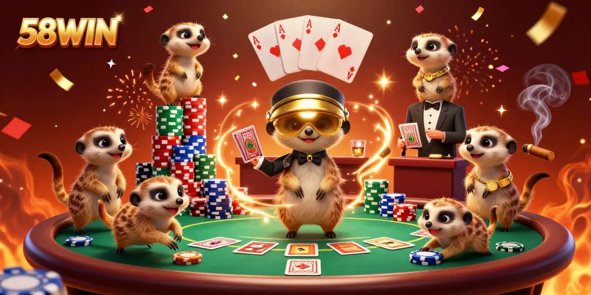 Experience thrilling gameplay at 58WIN casino with meerkats managing an exciting poker scene.