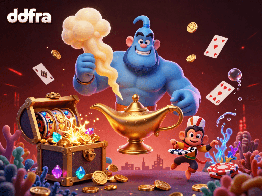 Engage with ddfra and discover exciting casino graphics featuring a blue genie and poker chips.