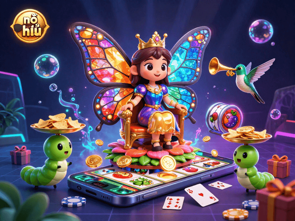 Nổ hũ slot game illustration featuring a colorful scene with a butterfly queen, golden chips, and vibrant gaming elements.