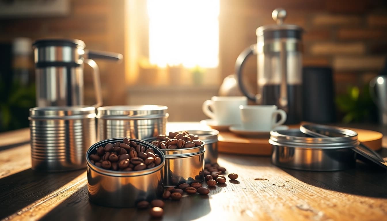 Showcasing elegant coffee tins filled with rich coffee beans, adding a touch of modern style to any kitchen.