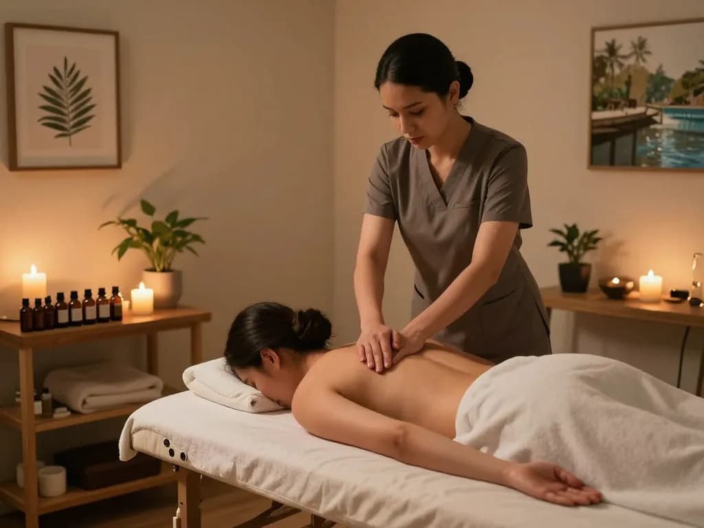 Relaxing 역삼동마사지 session at a tranquil therapy studio with ambient lighting.
