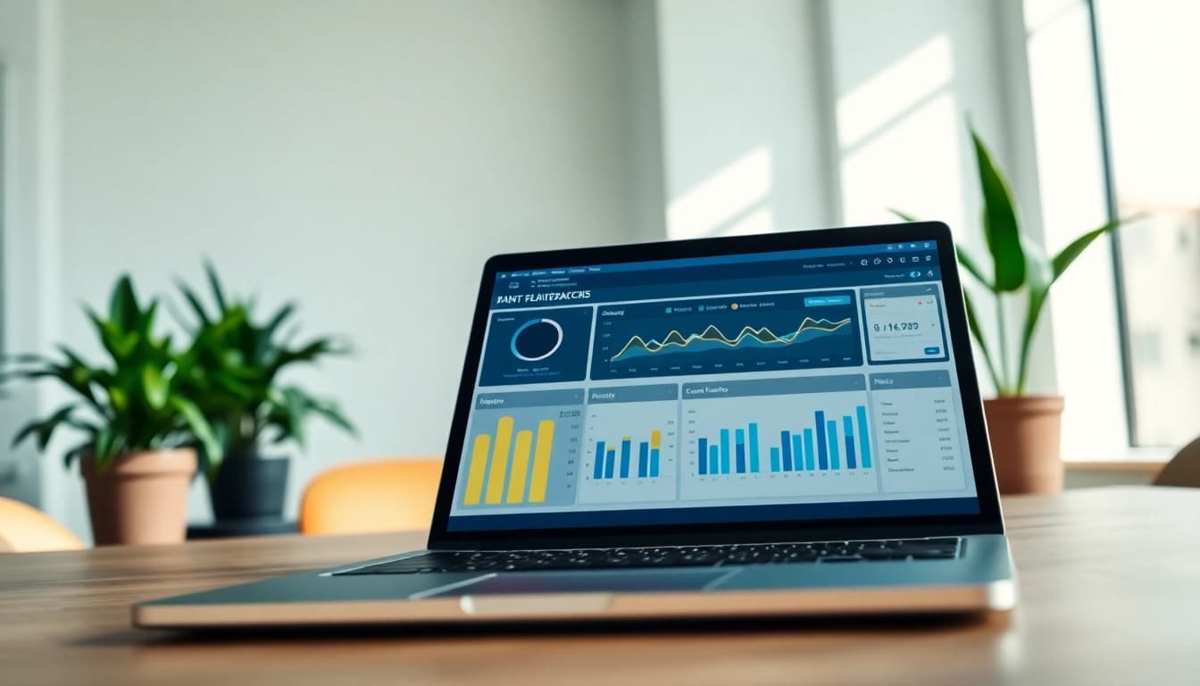 Visual representation of an SEO Rank Tracker dashboard on a laptop in a modern office setting.