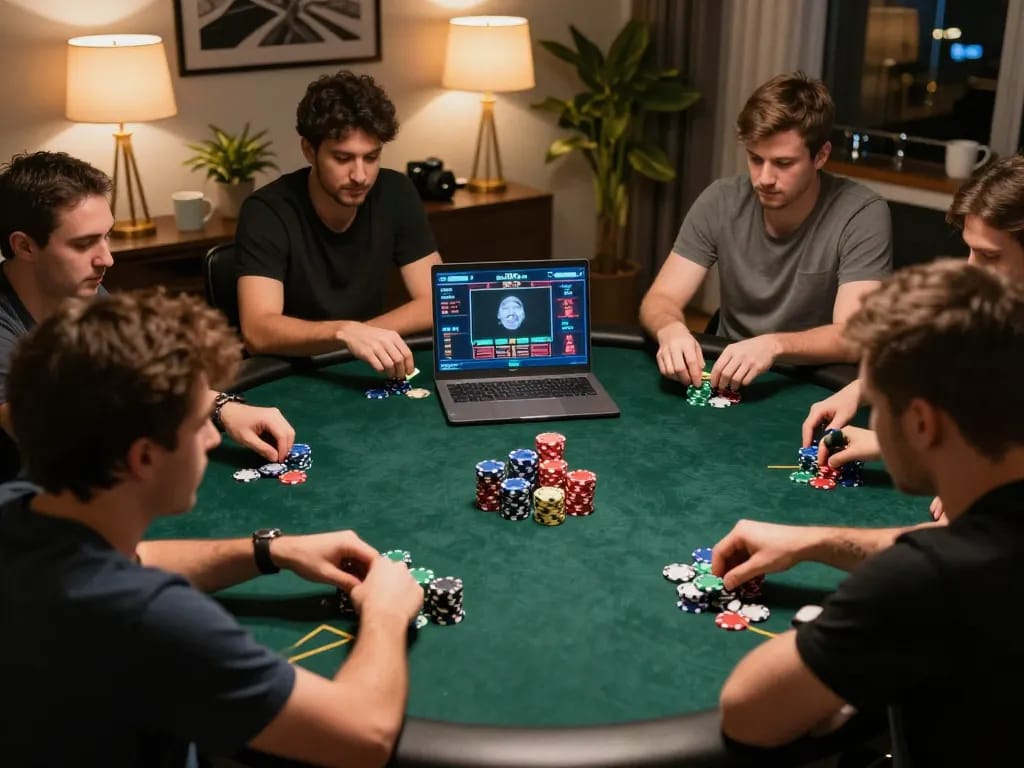Players engaging in a high-stakes online poker game on XX88, showcasing vibrant chips and live dealer interaction.