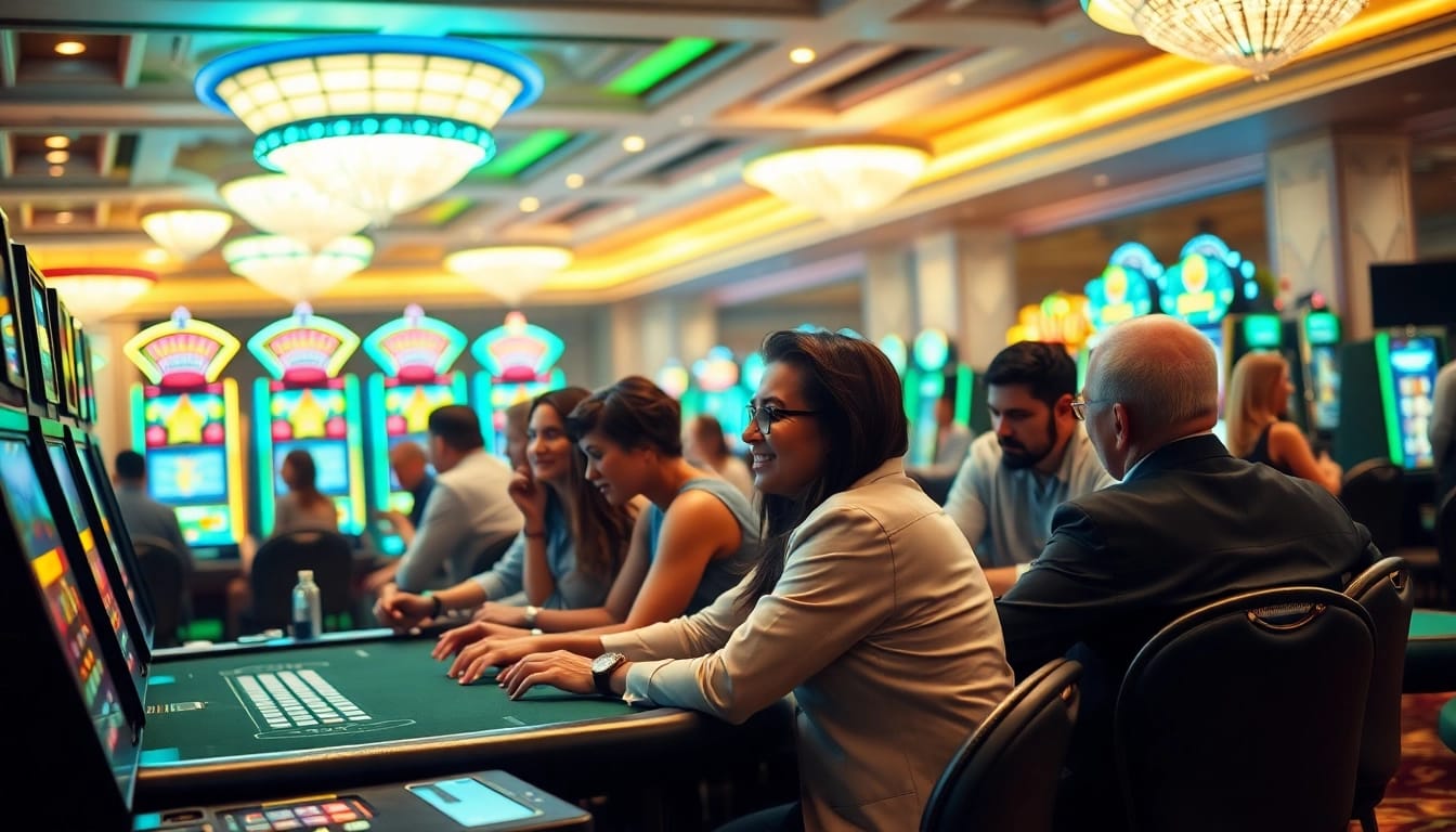 Wettbewerbsfähige Spieler, die auf casino spielen setzen und gewinnen, in einem hell erleuchteten Casino.
