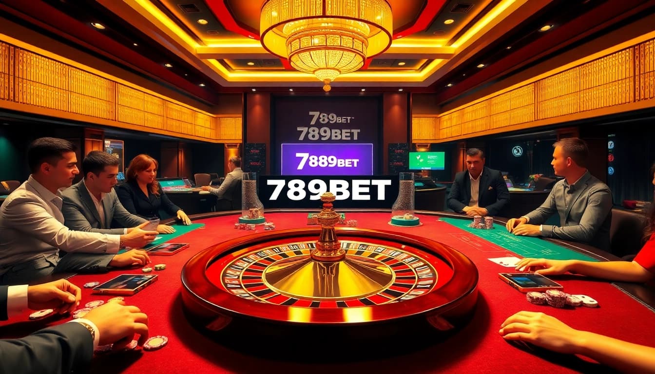 Players enjoying a thrilling gambling experience at 789BET's luxurious casino table with roulette.