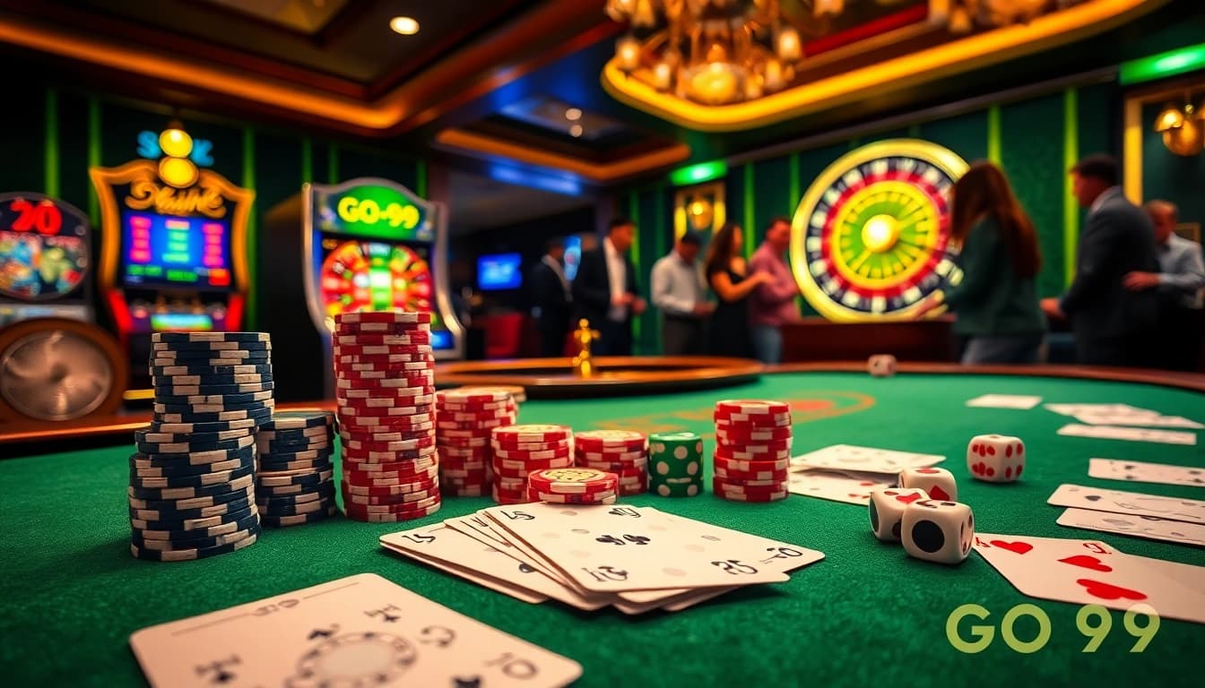 Engaging casino atmosphere with poker chips and cards showcasing the vibrant GO99 gambling experience.