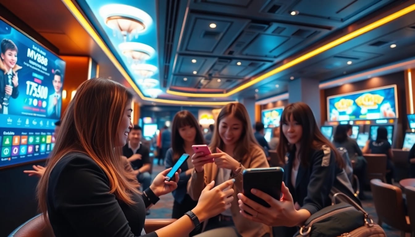 Experience MV88's interactive gaming app in a stylish casino lounge.