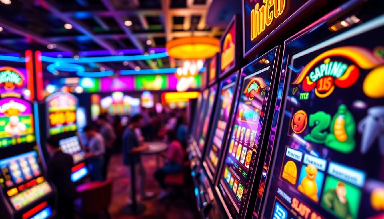 Menang di slot online yang menarik dengan mesin slot berwarna-warni dan suasana kasino yang hidup.