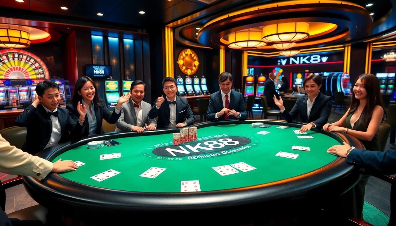 NK88 players enjoying an exciting moment at a luxurious casino blackjack table.