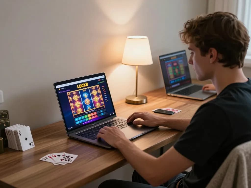 Player engaging with LUCK8 online casino interface on laptop, showcasing a vibrant and inviting gaming setup
