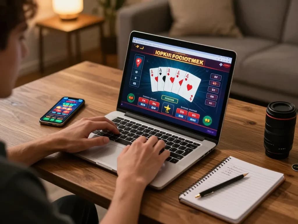 Engaging in online poker using a laptop, showcasing giường bệnh nhân strategic gameplay and cozy home setup.