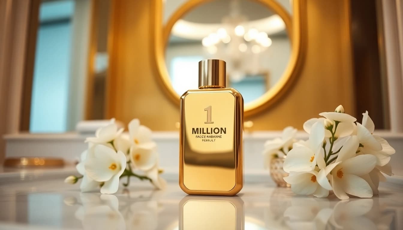 Showcase of paco rabanne 1 million 100ml with elegant flowers and luxurious background.