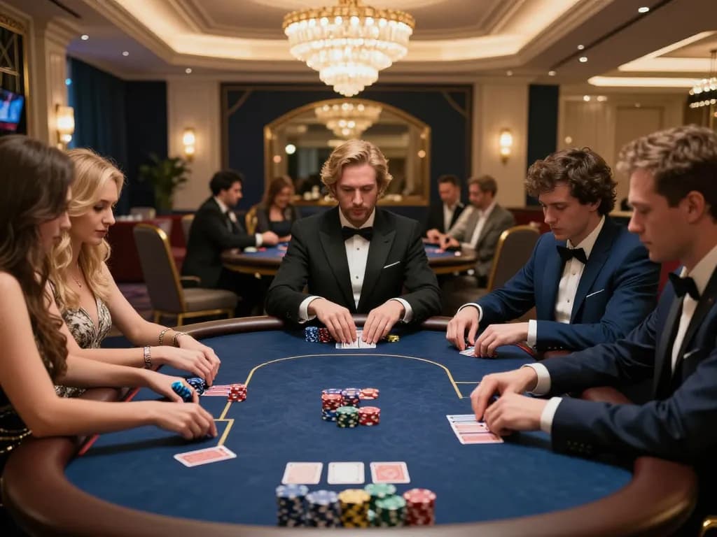 Rikvip Có Bịp Không inquiry at a lavish poker table with attentive players, showcasing high-stakes atmosphere
