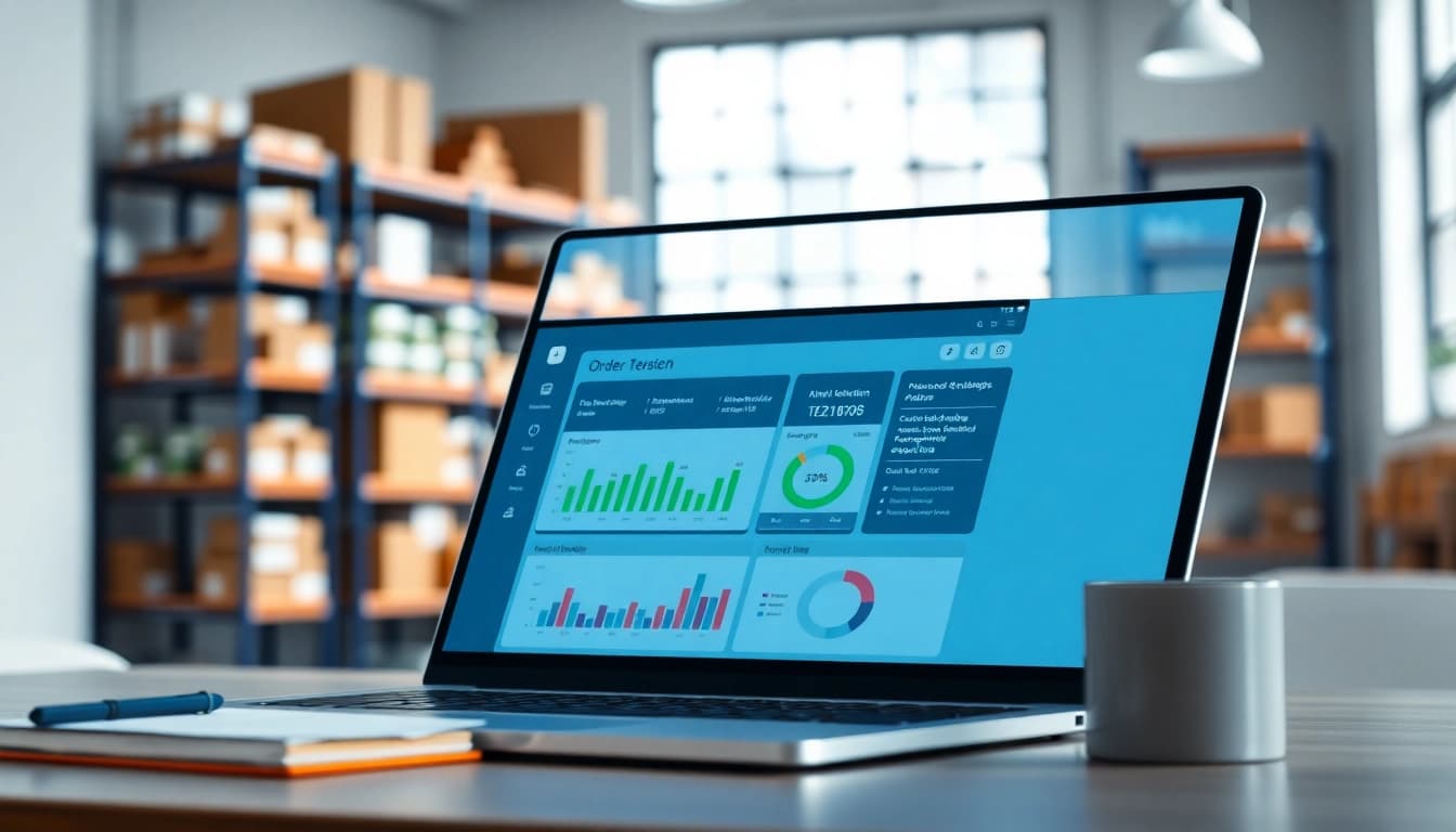 Streamline order processing software visuals in a modern office, showcasing analytics and efficiency.