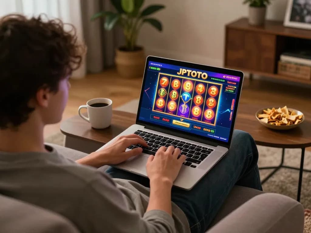 Enjoying JPTOTO online slot games in a cozy living room, showcasing vibrant gameplay.