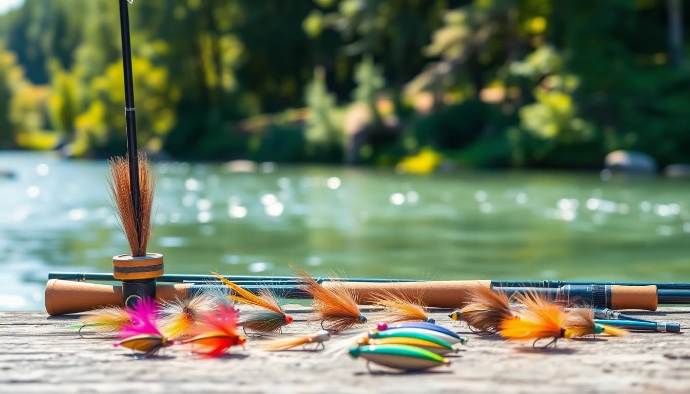 Showcase a fly fishing kit with colorful lures and rods set by a tranquil river.