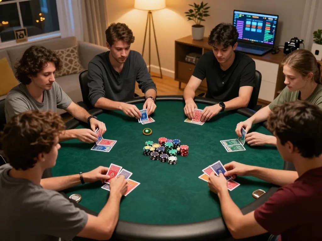 Players engaging in an online poker game with strategic moves in a cozy home setting, showcasing 33CC gaming atmosphere.