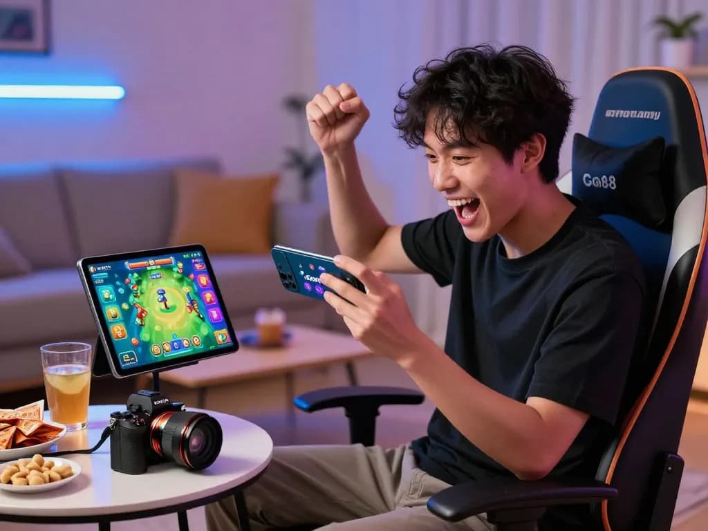 Player enjoying tai go88 game on a smartphone in a vibrant gaming atmosphere
