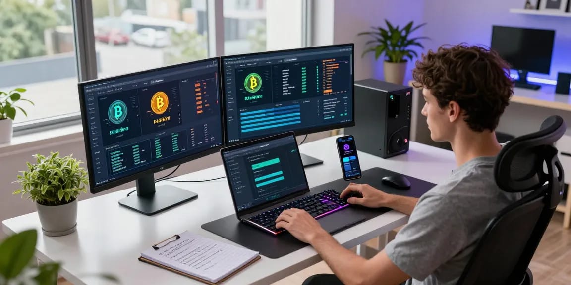 Crypto mining service dashboard illustrating Bitcoin's mining statistics and user interface in a modern digital workspace.