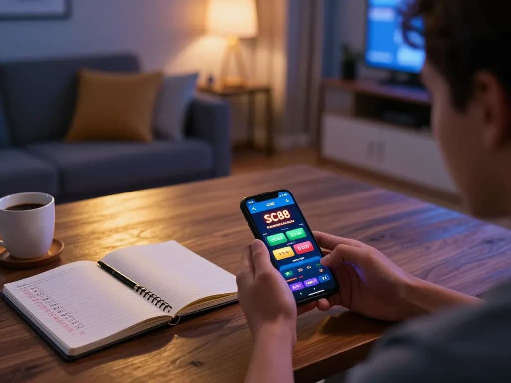 Engaging scene with a player using the SC88 app for mobile gambling at home, showcasing entertainment lifestyle.
