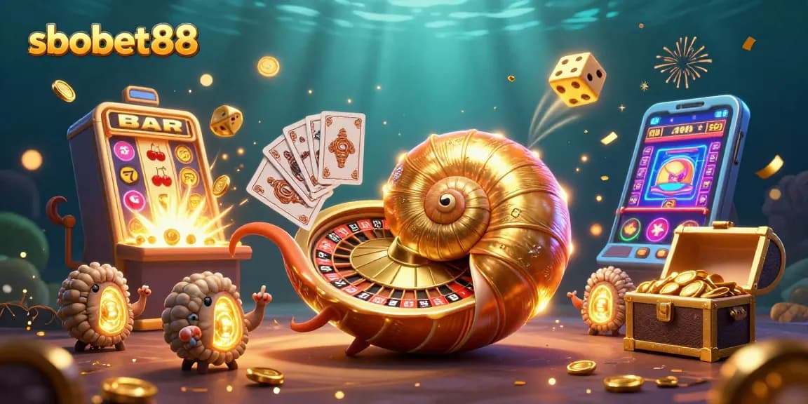 Experience sbobet88's thrilling moments with a vibrant 3D casino illustration of a giant nautilus and jackpot excitement.