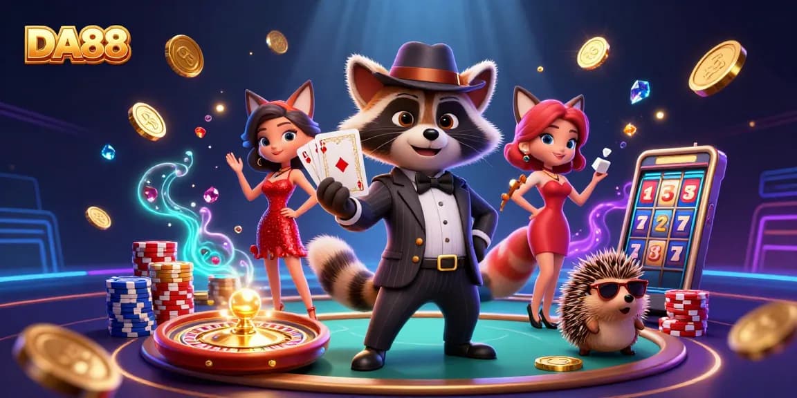 Engage in thrilling gameplay with DA88, showcasing a raccoon in a suit holding a royal flush amidst sparkling casino elements.