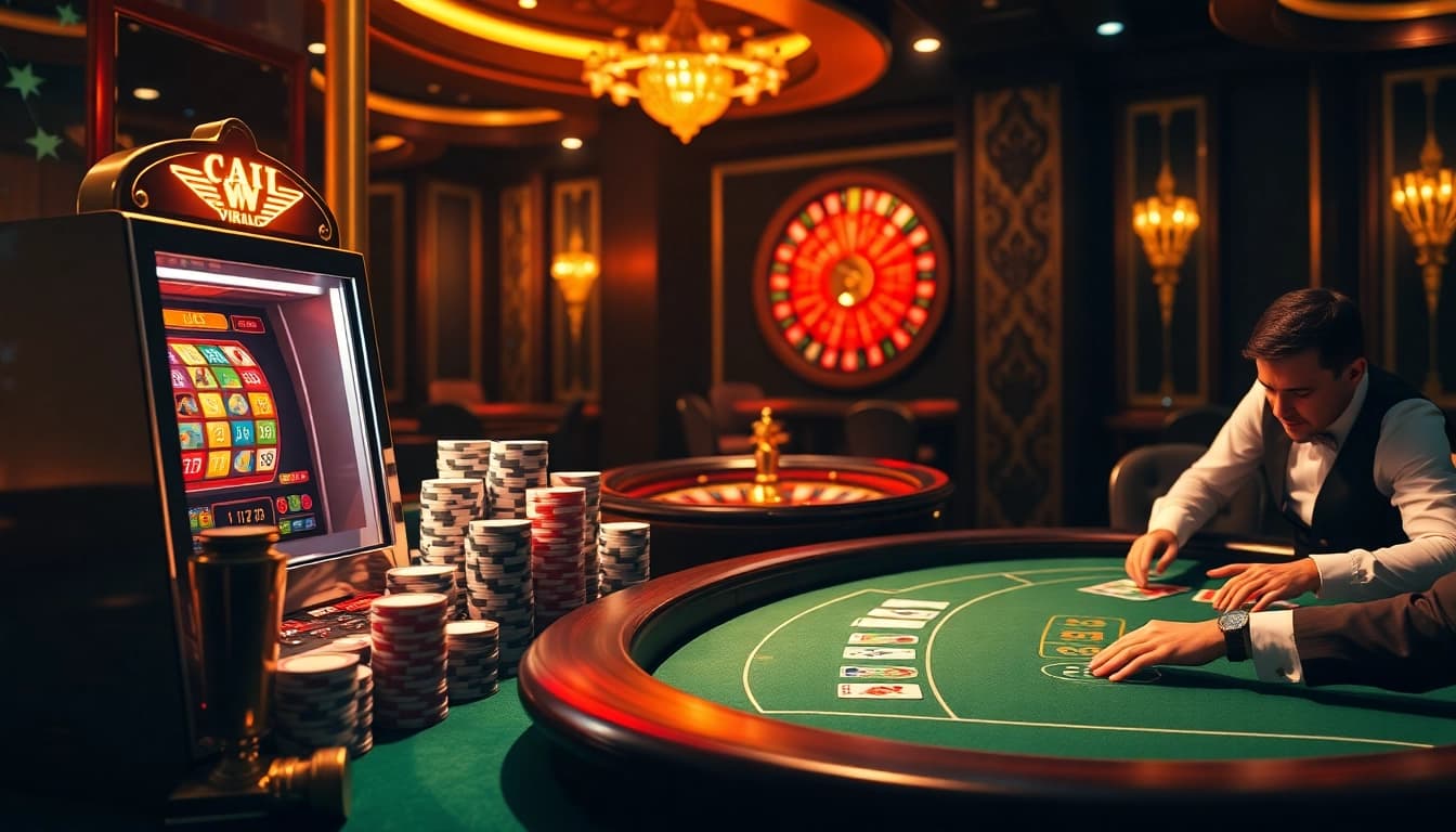 Experience thrilling wins with viral4d at a luxurious casino scene featuring engaging slot machines and poker tables.