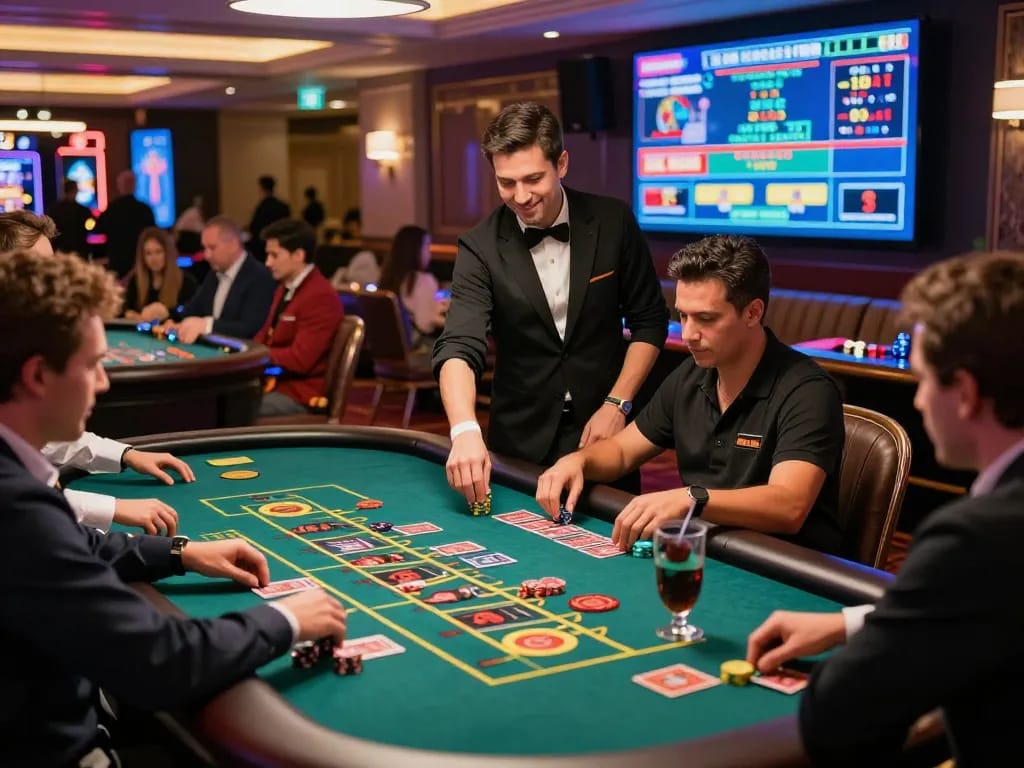 Exciting gaming scene at https://bong99vn.win/ capturing diverse players enjoying roulette in an upscale casino atmosphere.